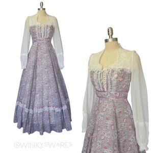 Gunne Sax Vintage 70s Morning Glory Floral Maxi Dress Size 9 S Prairie Corset